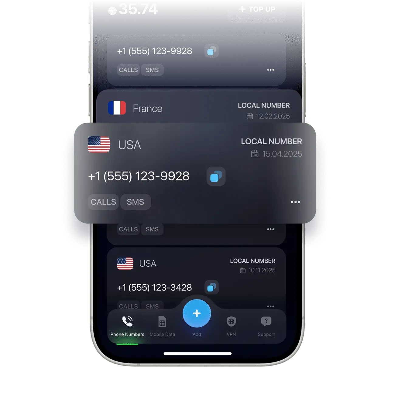 captura de pantalla de la lista de números de teléfono virtuales